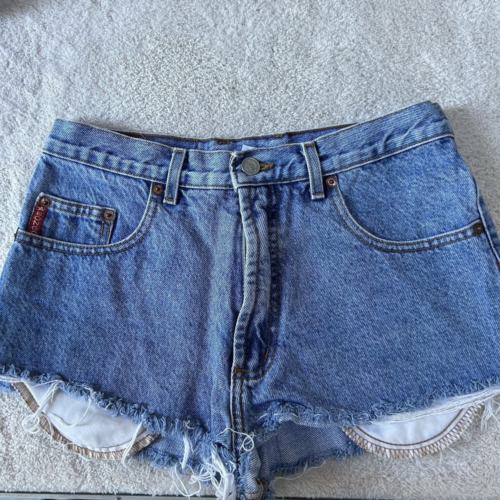 Vintage Bongo Shorts Womens 27 Blue Denim High Rise Cutoff Frayed Hem USA